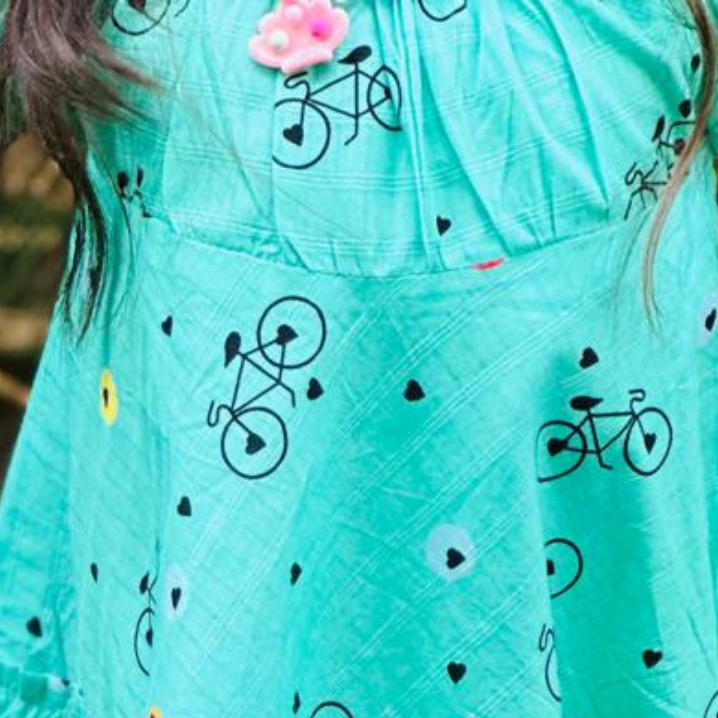 Bicycle Print Cotton Lawn Frock – Off-Shoulder Elastic Neckline, Short Puff Sleeves