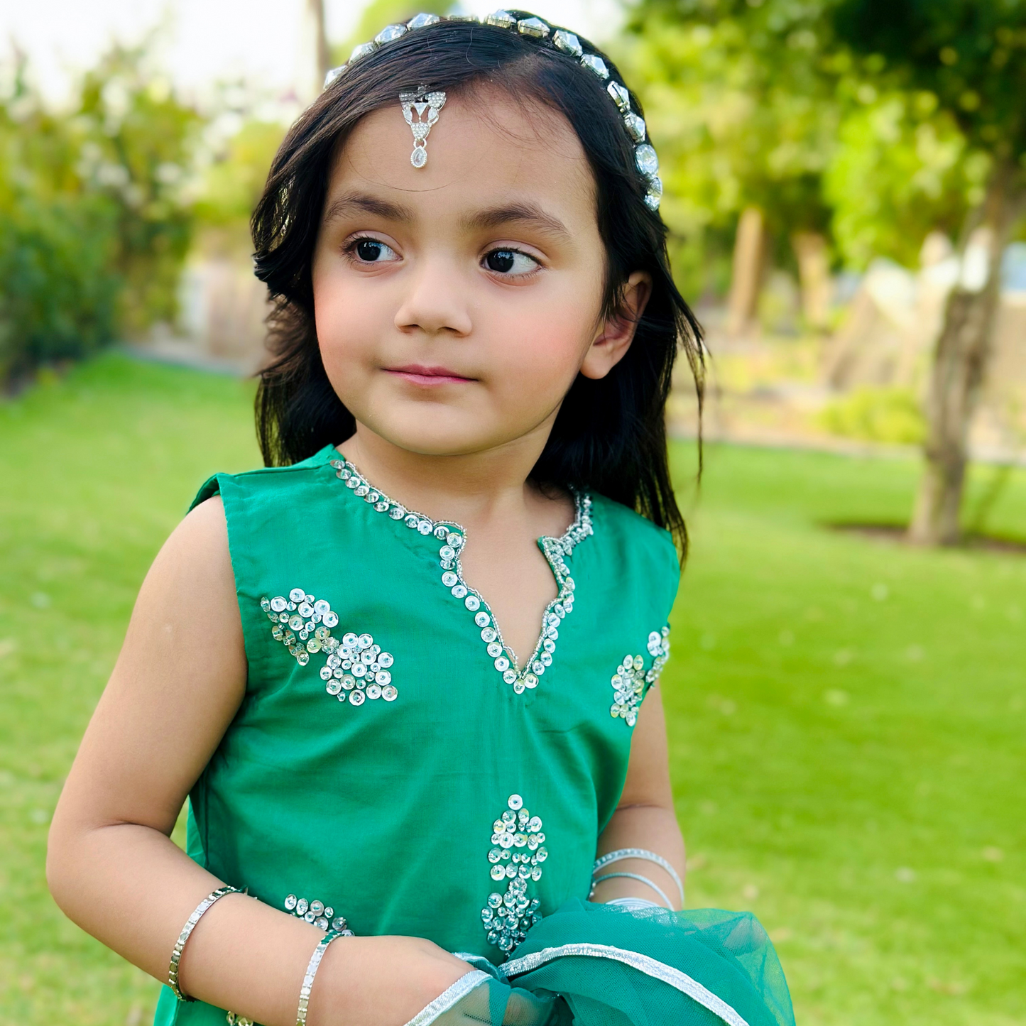 Emerelle Bottle Green Lawn Dress | Eid Wear | Pakistani Outfit