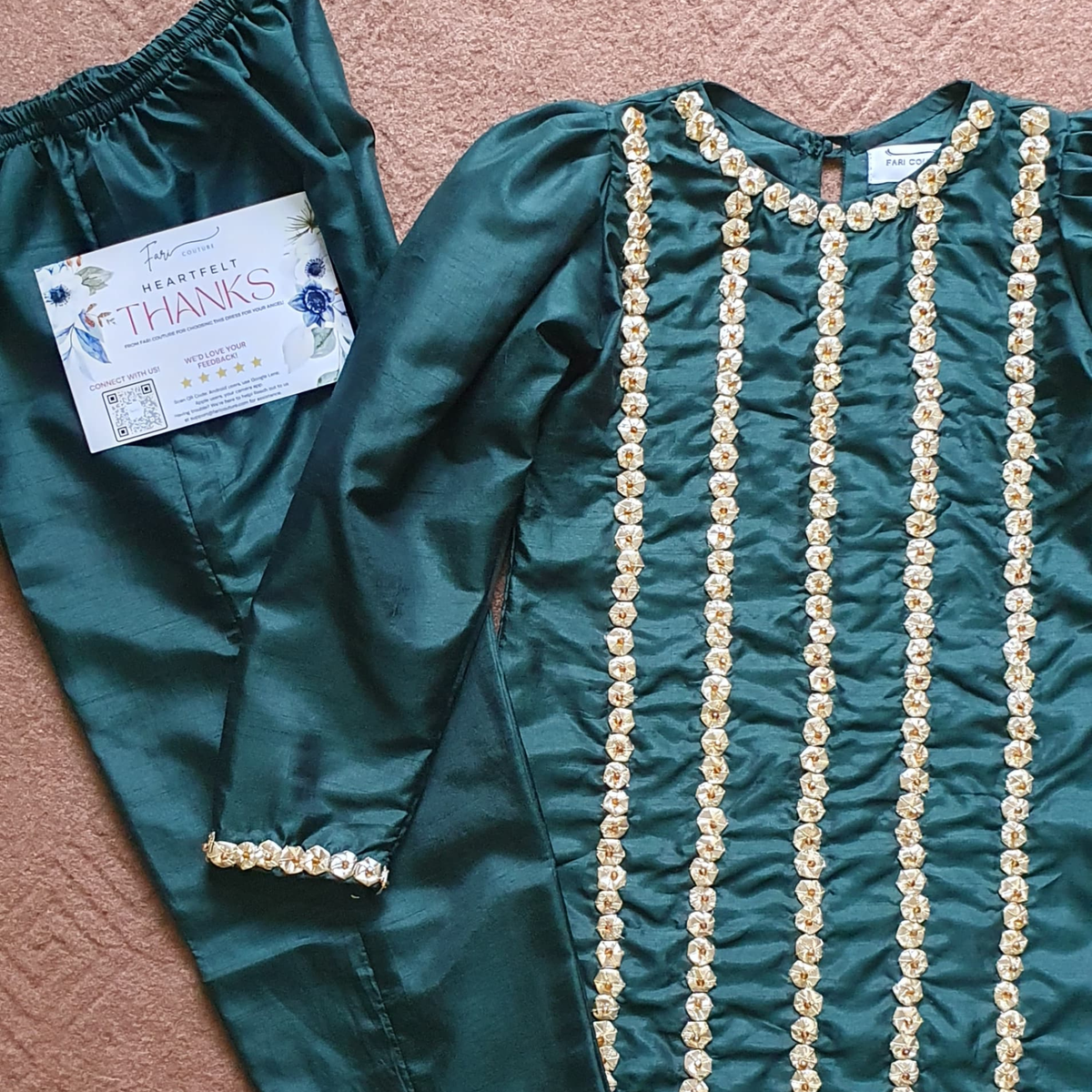 Emerald Green Raw Silk Designer Dress For Girls | Hand Embellished Gota & Crystal Work | Luxury Kids Wear | FariCouture