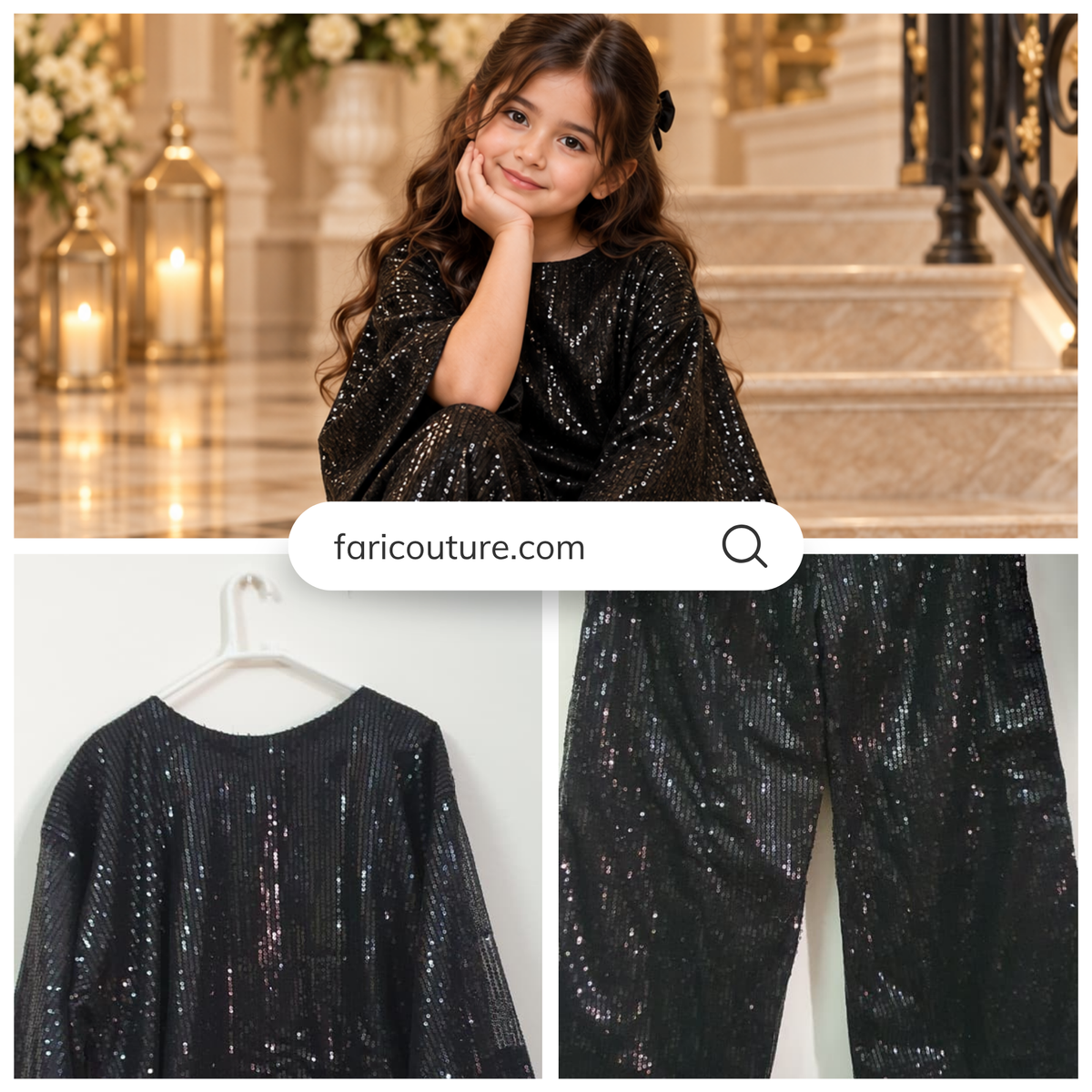 Black Sequin Net Designer Dress For Girls | Luxury Party Wear Co-Ord Set | Kids Couture Collection | FariCouture