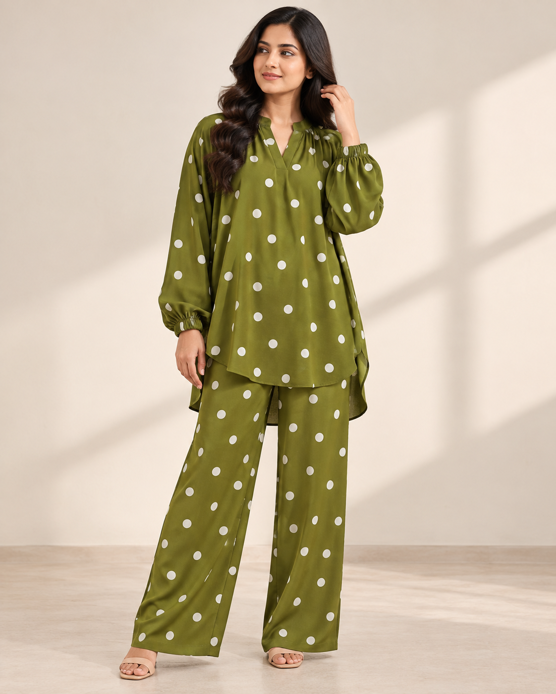 Olive Dot Pop | Polka Dot Co-Ord Set for Women | FariCouture