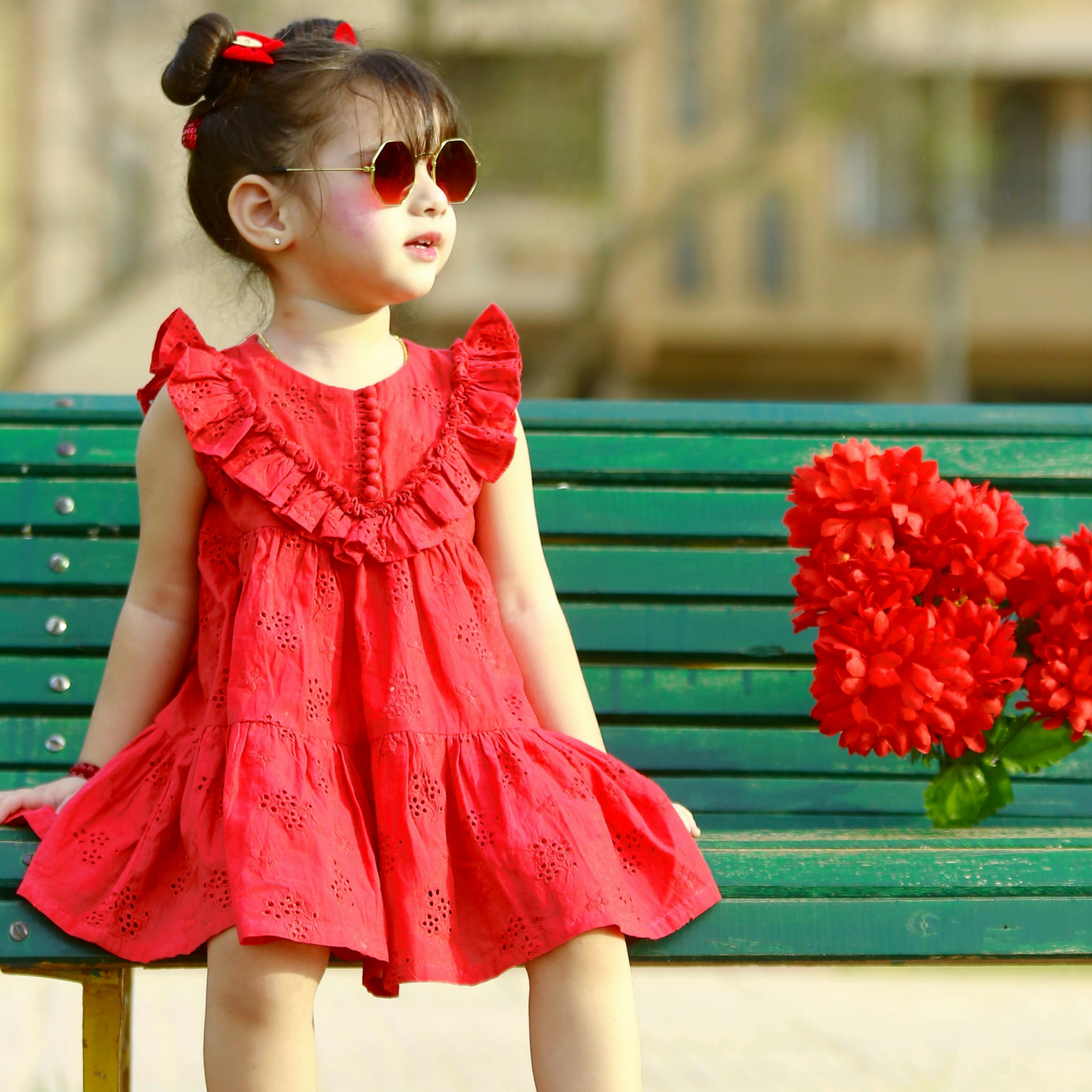 Carrot Red Chikankari Frock – Soft Cotton, Layered Design