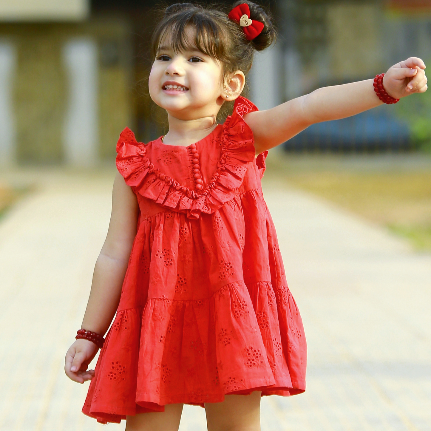 Carrot Red Chikankari Frock – Soft Cotton, Layered Design