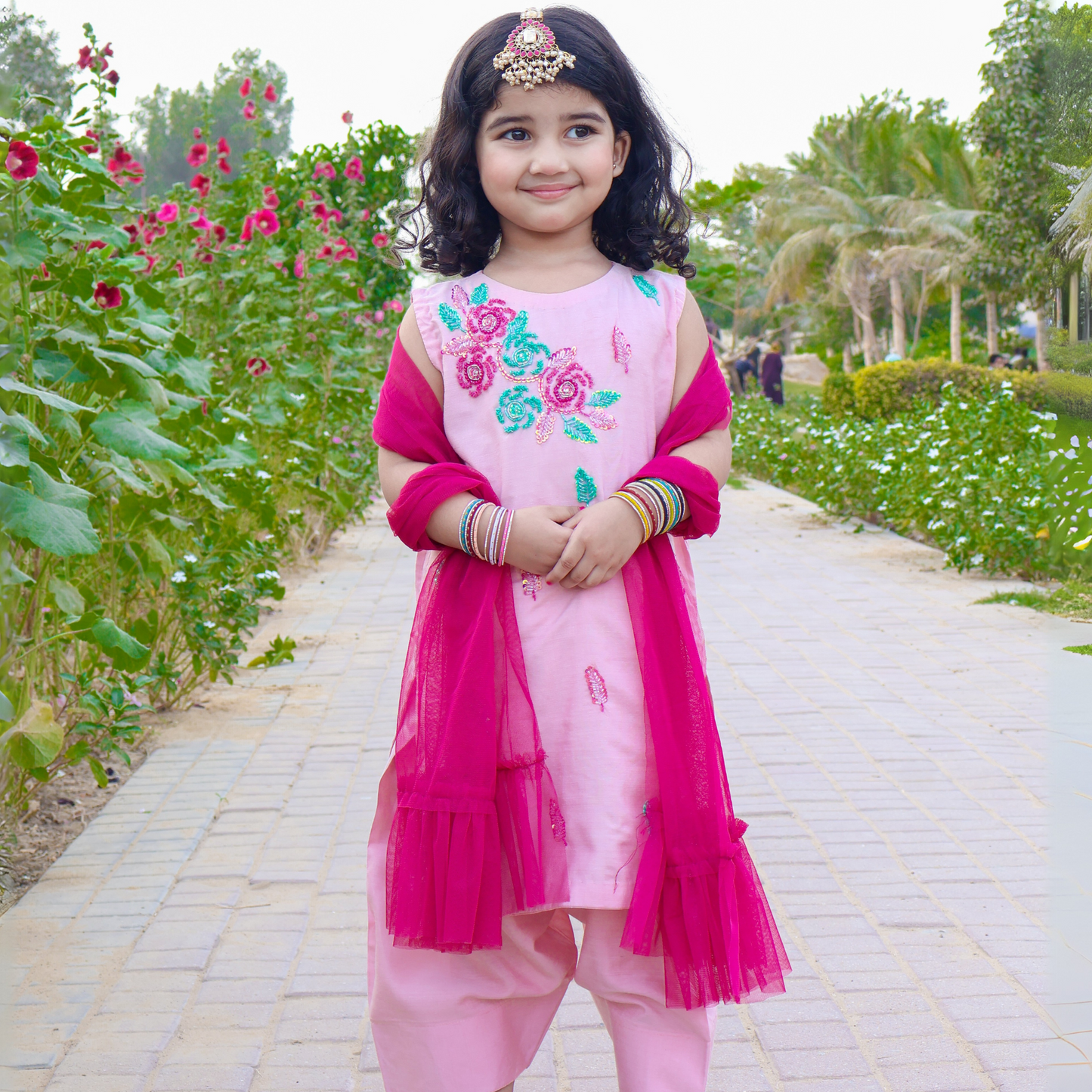 Light pink straight shirt and farshi shalwar – Soft Cotton Raw Silk Embroidered Set with Net Dupatta
