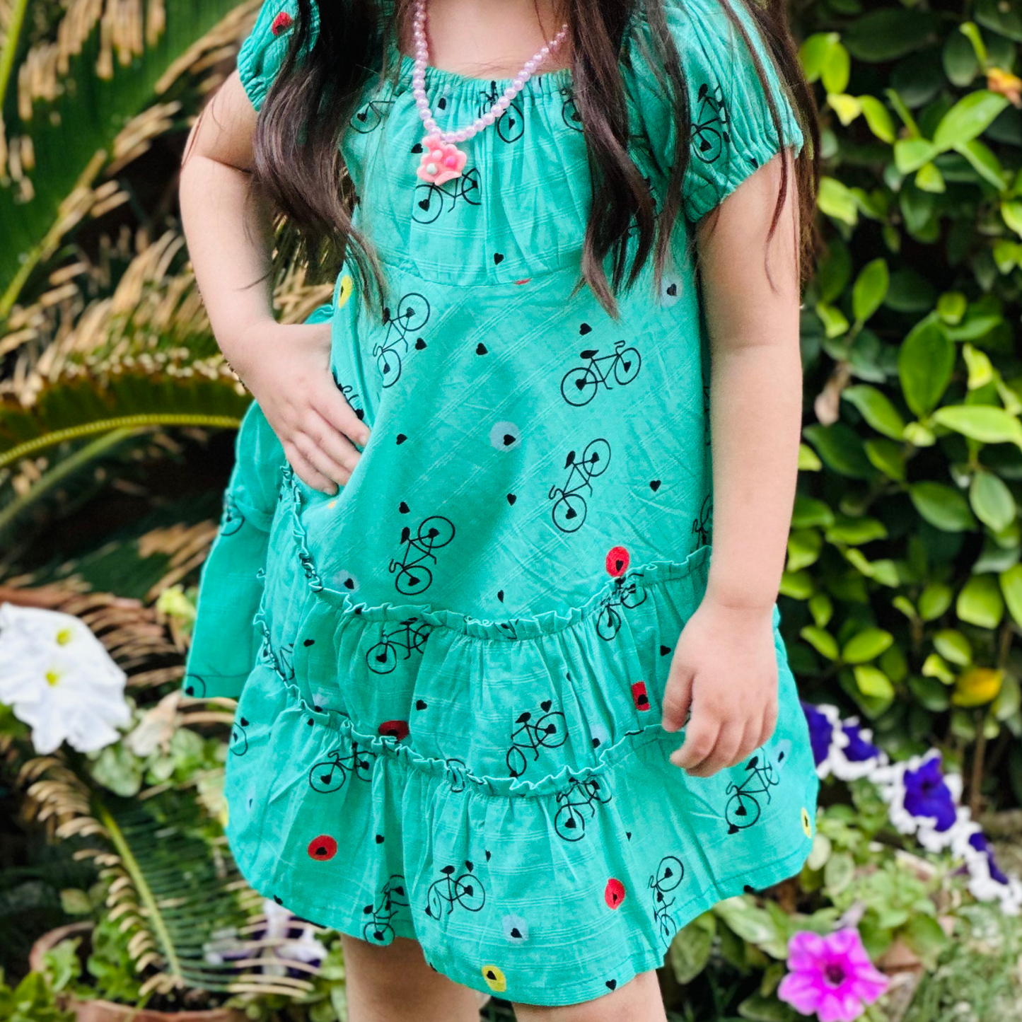 Bicycle Print Cotton Lawn Frock – Off-Shoulder Elastic Neckline, Short Puff Sleeves