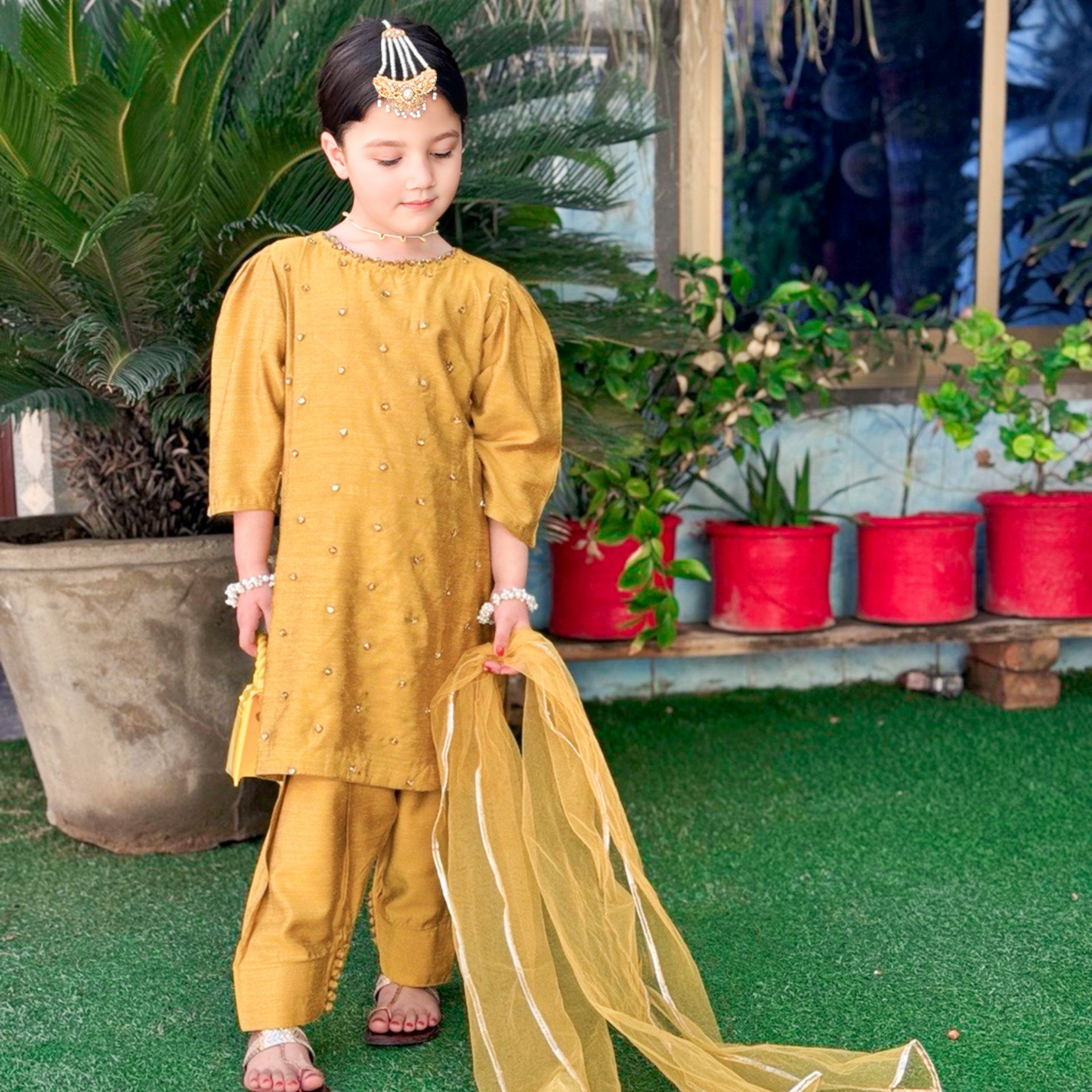 Mustard Royale , Soft Cotton Raw Silk Dhani Shirt & Shalwar Set for Eid