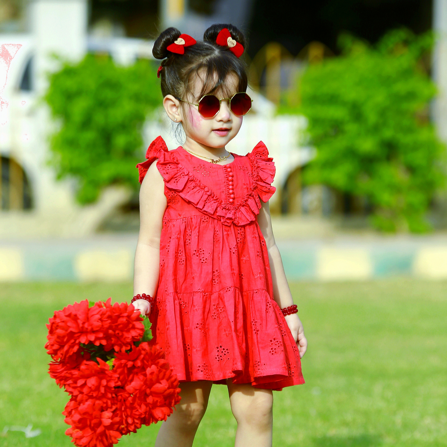 Carrot Red Chikankari Frock – Soft Cotton, Layered Design