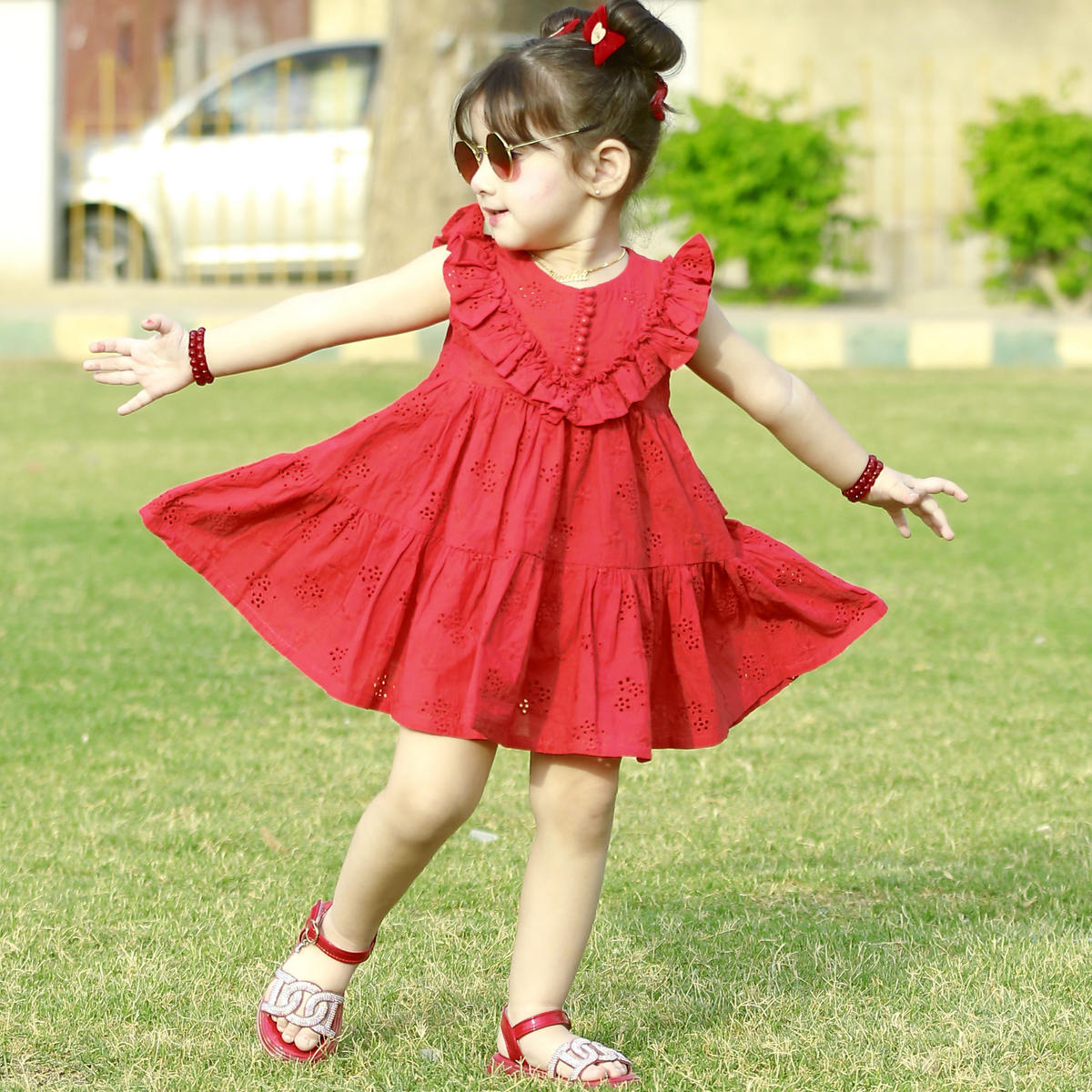 Carrot Red Chikankari Frock – Soft Cotton, Layered Design