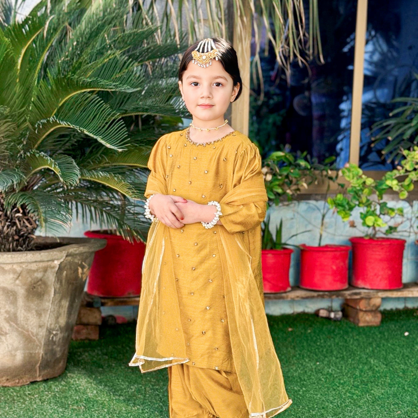 Mustard Royale , Soft Cotton Raw Silk Dhani Shirt & Shalwar Set for Eid