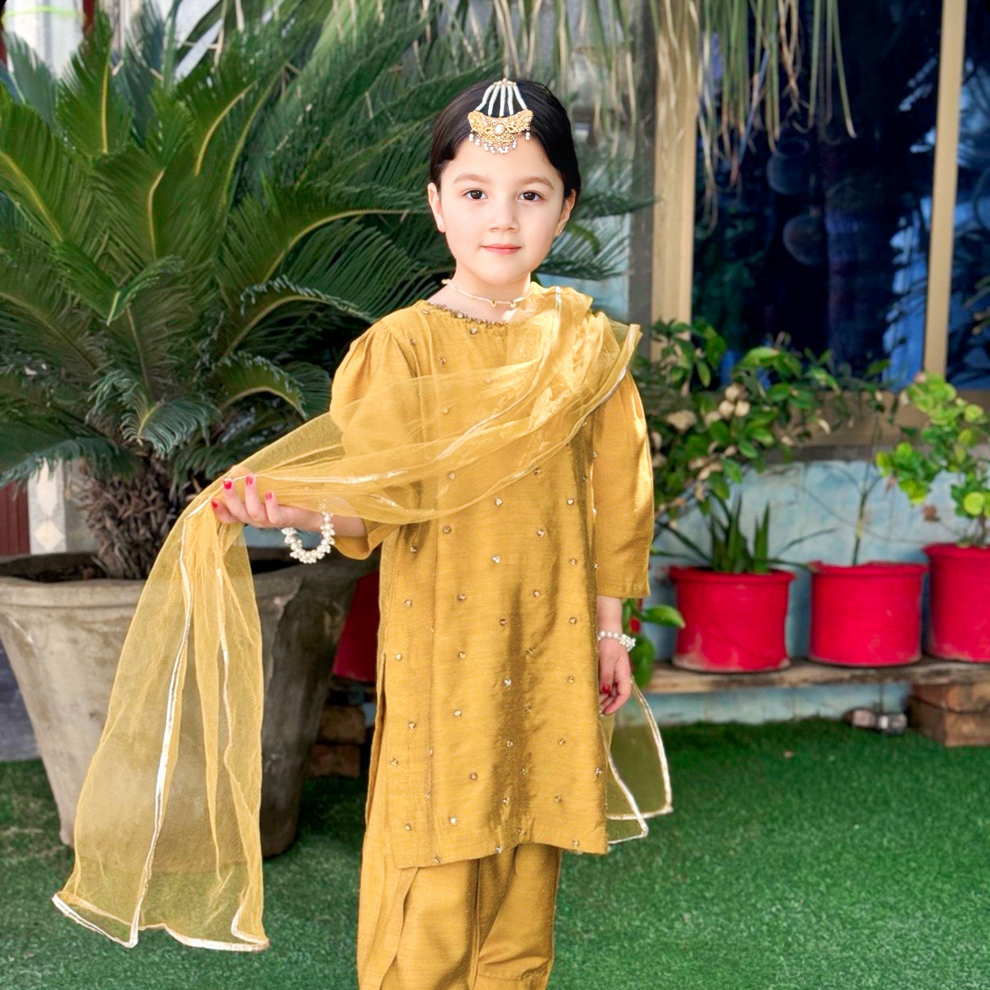 Mustard Royale , Soft Cotton Raw Silk Dhani Shirt & Shalwar Set for Eid