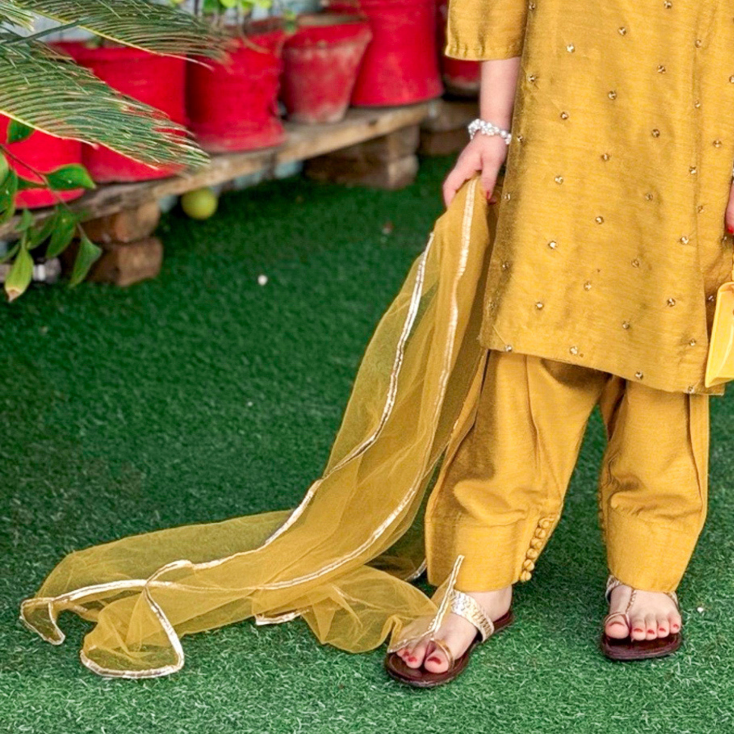 Mustard Royale , Soft Cotton Raw Silk Dhani Shirt & Shalwar Set for Eid