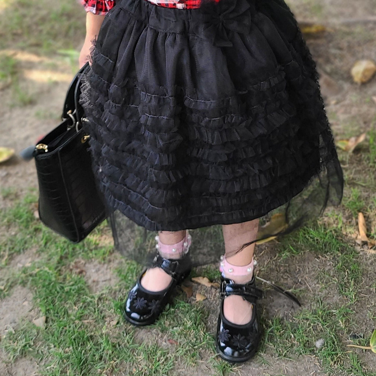 Red Plaid Top & Black Net Skirt – Full Sleeves with Ruffles & Layered Skirt