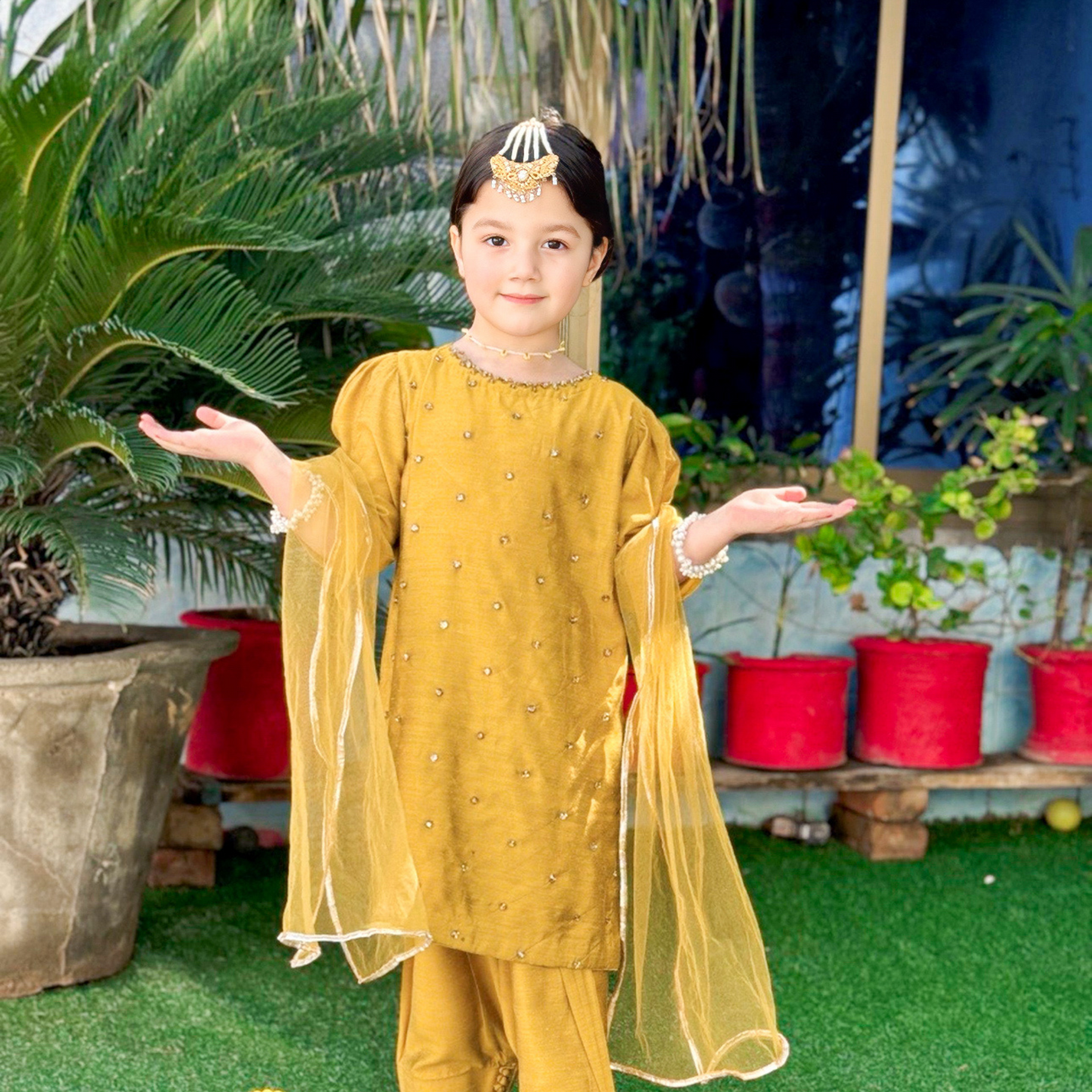 Mustard Royale , Soft Cotton Raw Silk Dhani Shirt & Shalwar Set for Eid