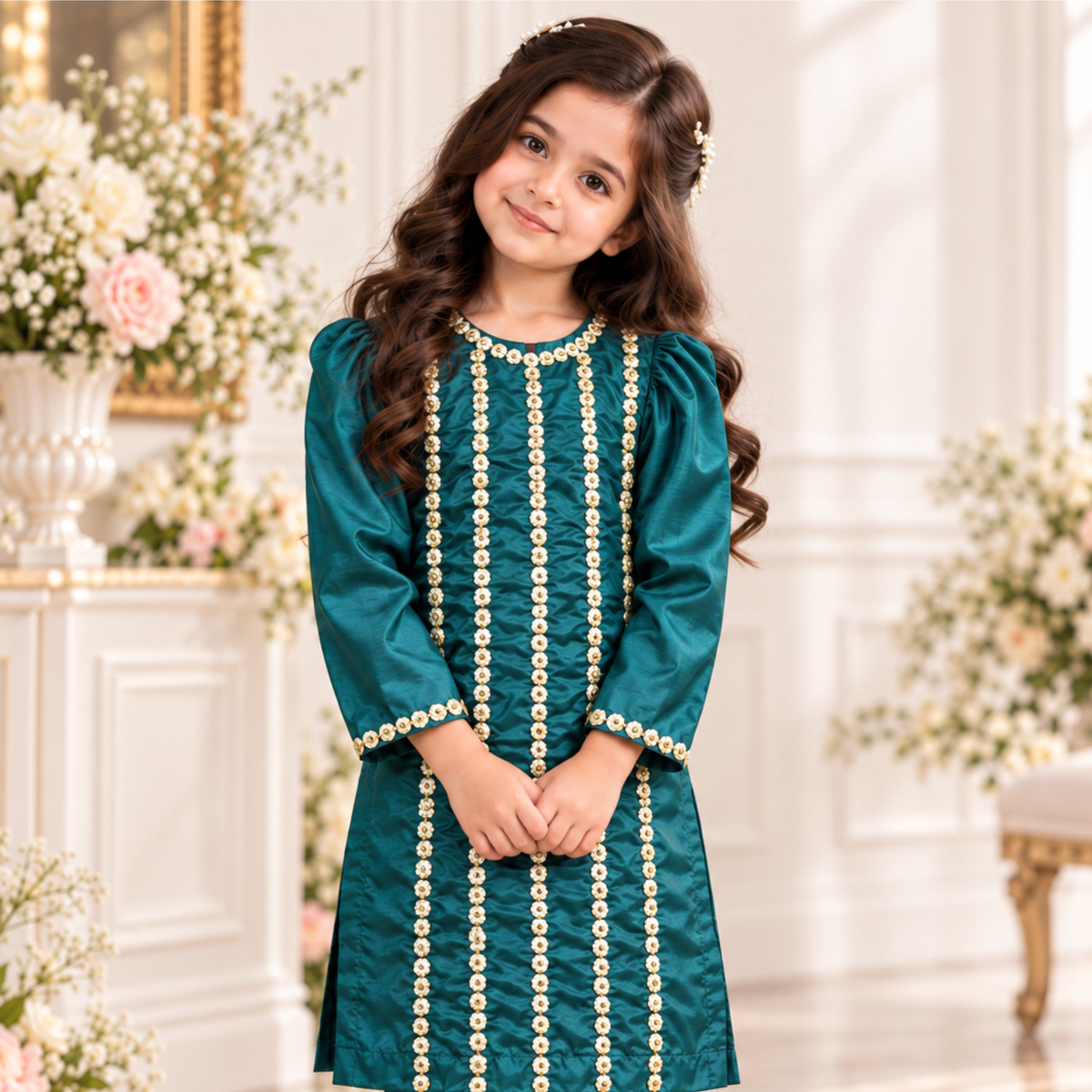 Emerald Green Raw Silk Designer Dress For Girls | Hand Embellished Gota & Crystal Work | Luxury Kids Wear | FariCouture