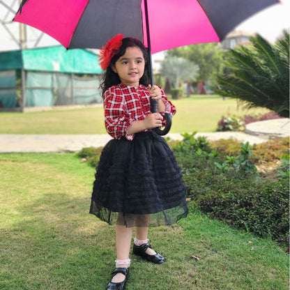 Red Plaid Top & Black Net Skirt – Full Sleeves with Ruffles & Layered Skirt