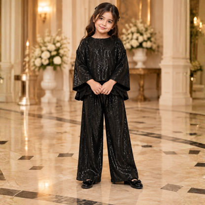 Black Sequin Net Designer Dress For Girls | Luxury Party Wear Co-Ord Set | Kids Couture Collection | FariCouture