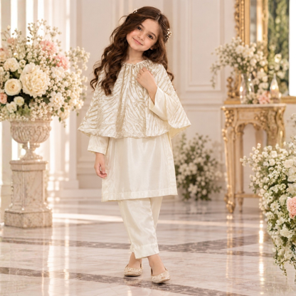 Ivory Off White Designer Dress For Girls | Sequin Net Cape Shirt With Straight Trouser | Luxury Kids Wear | FariCouture