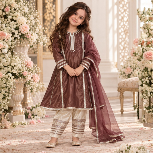 Brown Kathan Silk Kalidar Frock For Girls | Hand Embellished Gotta Patti & Lapa Work | Luxury Kids Wear | FariCouture