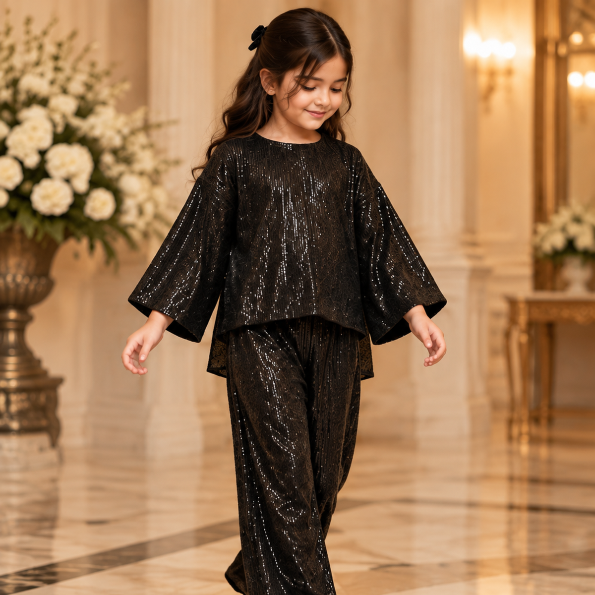 Black Sequin Net Designer Dress For Girls | Luxury Party Wear Co-Ord Set | Kids Couture Collection | FariCouture