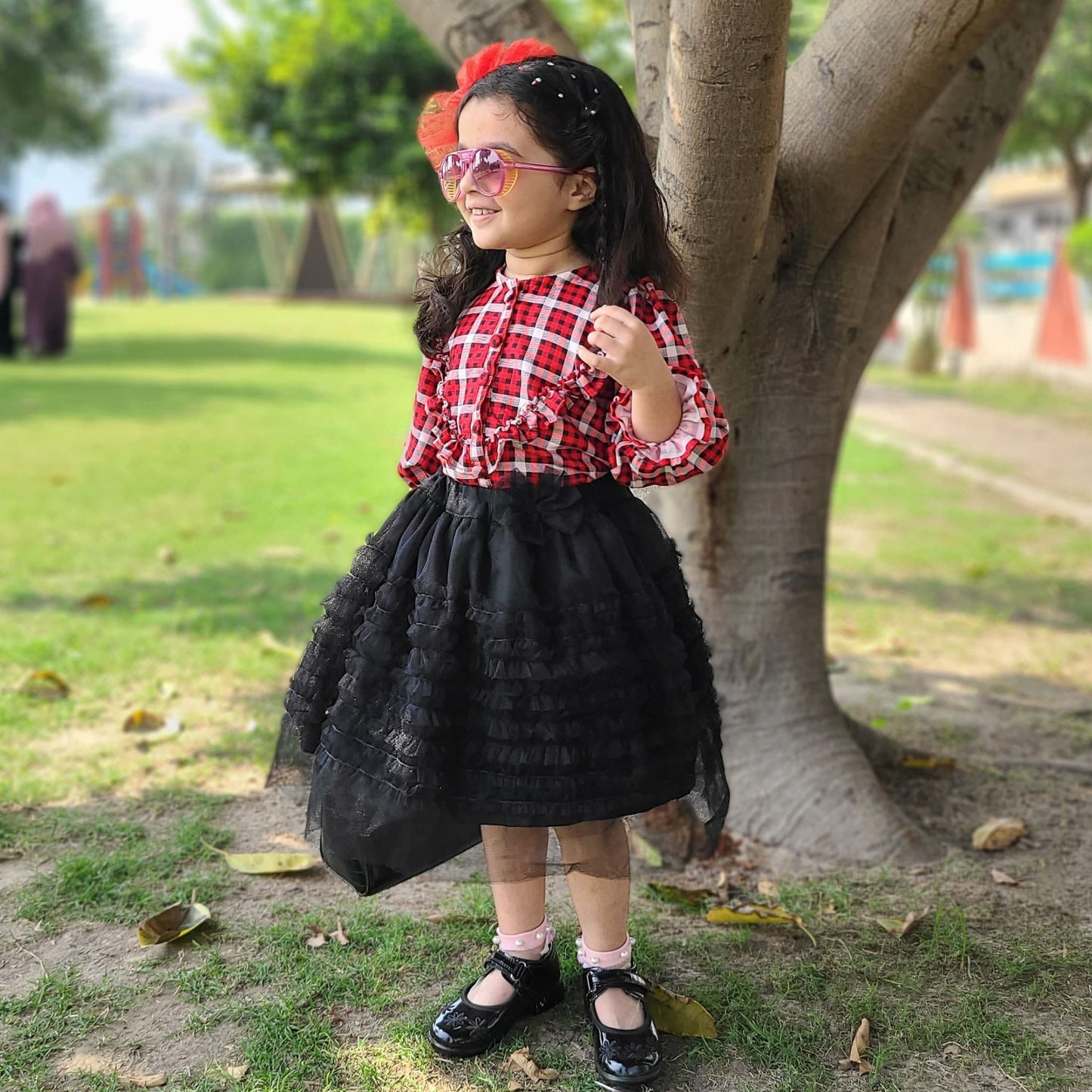 Red Plaid Top & Black Net Skirt – Full Sleeves with Ruffles & Layered Skirt