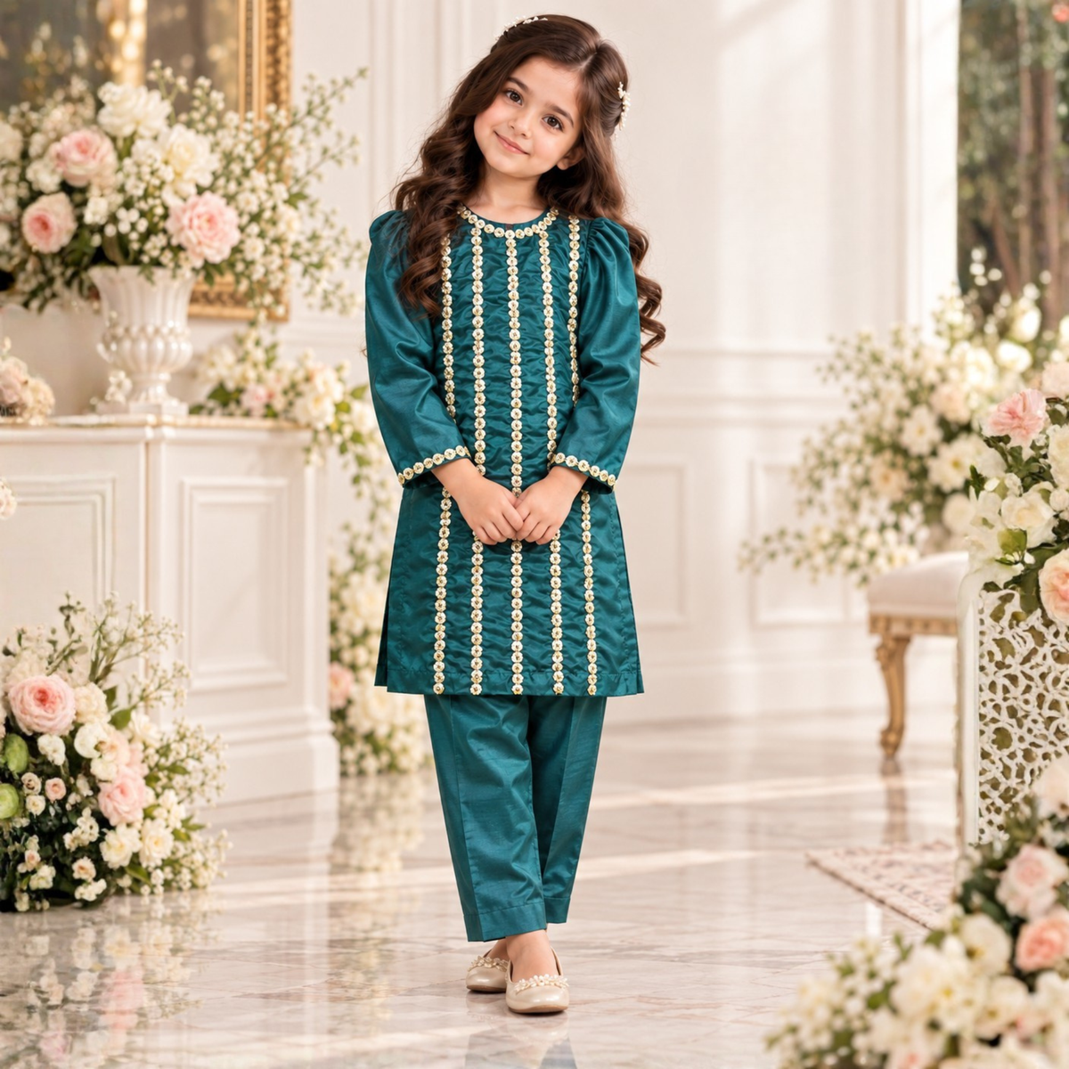 Emerald Green Raw Silk Designer Dress For Girls | Hand Embellished Gota & Crystal Work | Luxury Kids Wear | FariCouture
