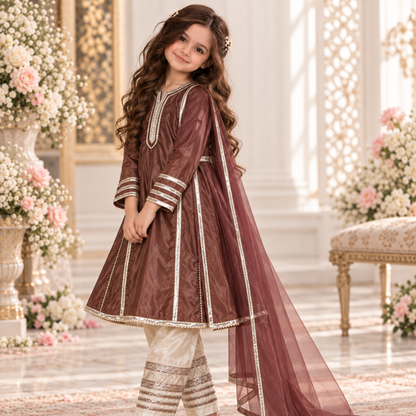 Brown Kathan Silk Kalidar Frock For Girls | Hand Embellished Gotta Patti & Lapa Work | Luxury Kids Wear | FariCouture
