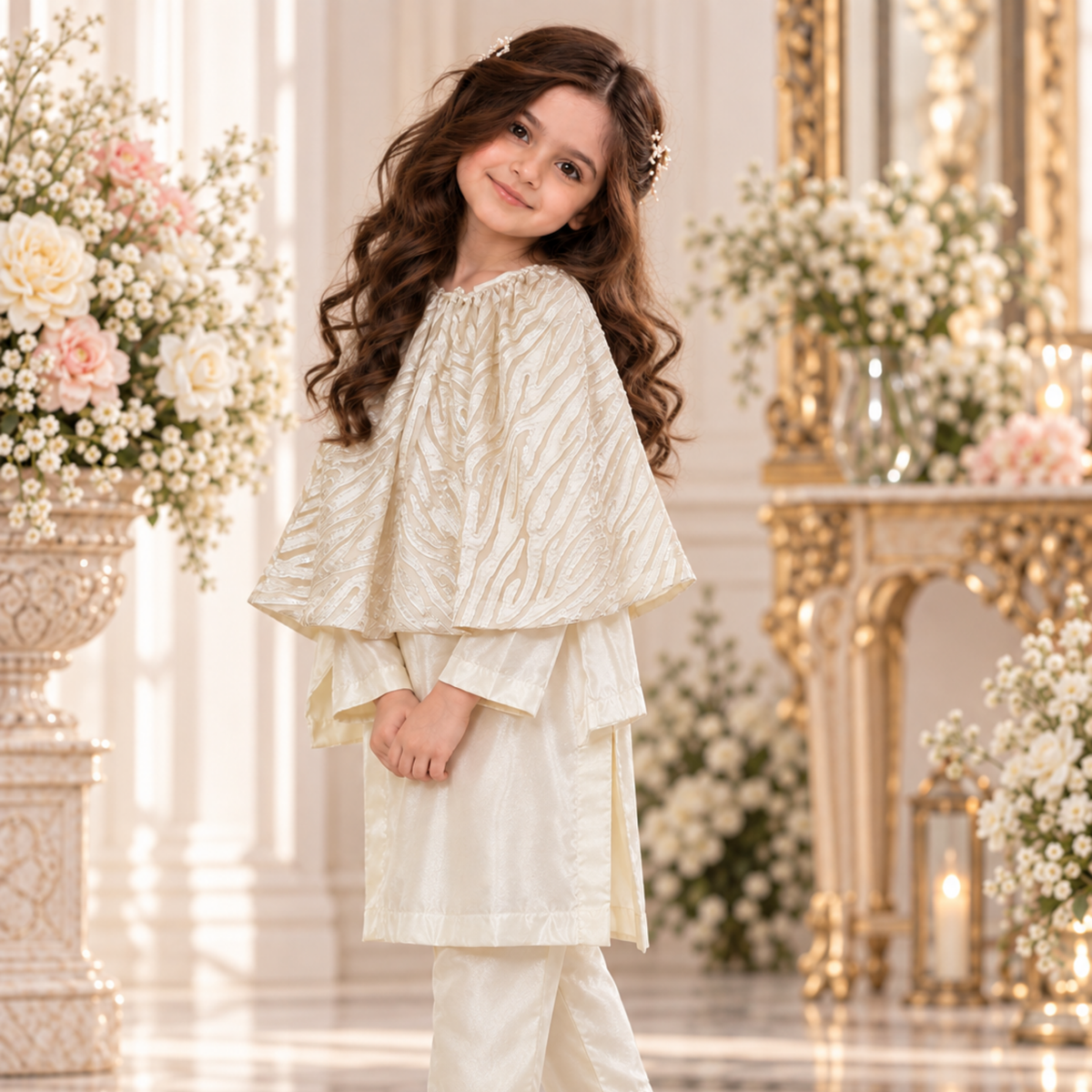 Ivory Off White Designer Dress For Girls | Sequin Net Cape Shirt With Straight Trouser | Luxury Kids Wear | FariCouture