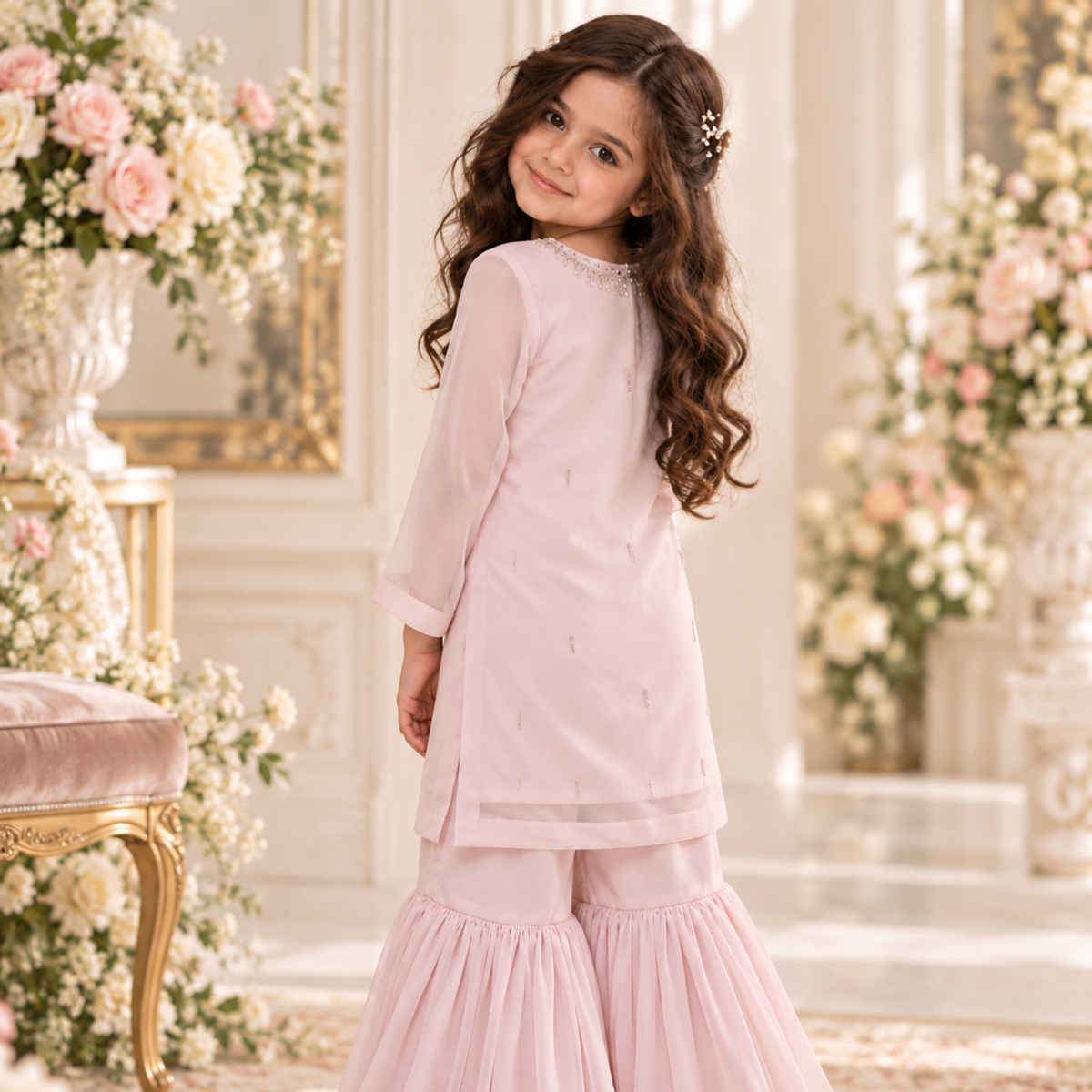 Blush belle |Blush Pink Crinkle Chiffon Gharara Set For Girls | Hand Embellished Luxury Kids Dress | FariCouture