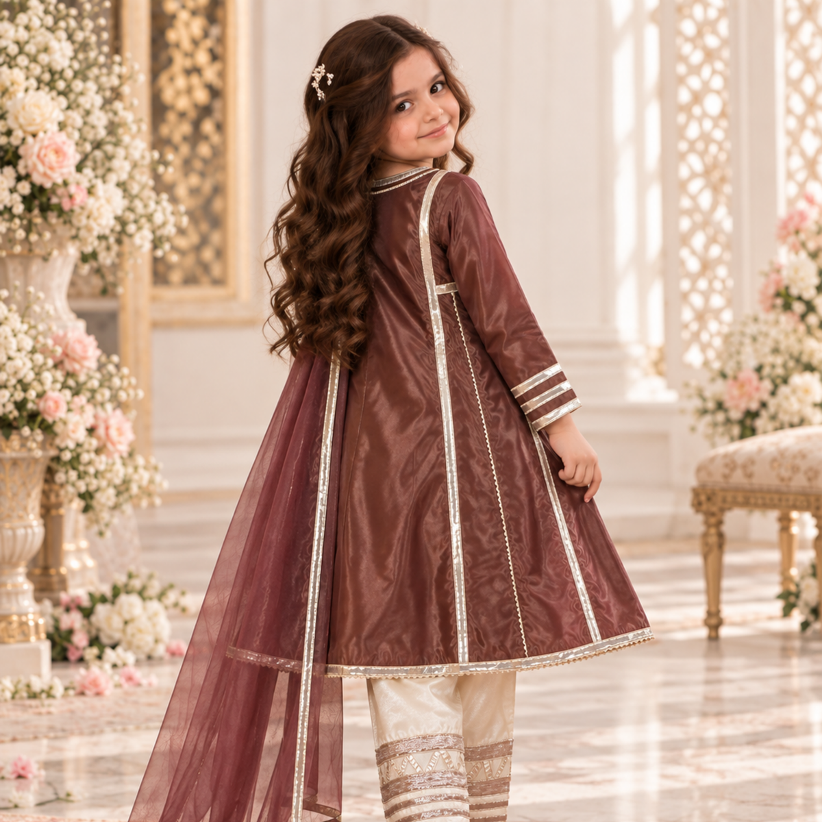 Brown Kathan Silk Kalidar Frock For Girls | Hand Embellished Gotta Patti & Lapa Work | Luxury Kids Wear | FariCouture
