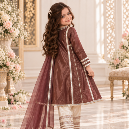 Brown Kathan Silk Kalidar Frock For Girls | Hand Embellished Gotta Patti & Lapa Work | Luxury Kids Wear | FariCouture
