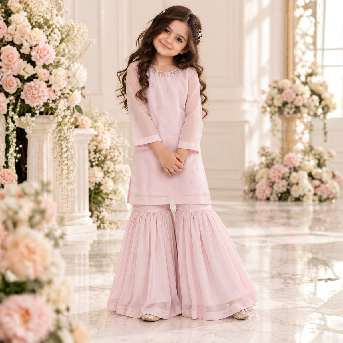 Blush belle |Blush Pink Crinkle Chiffon Gharara Set For Girls | Hand Embellished Luxury Kids Dress | FariCouture