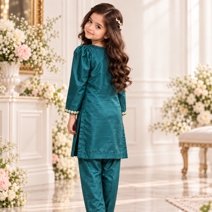Emerald Green Raw Silk Designer Dress For Girls | Hand Embellished Gota & Crystal Work | Luxury Kids Wear | FariCouture