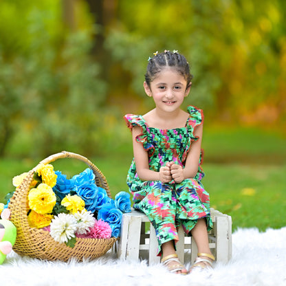 Blossom Breeze green dress with multi pattern