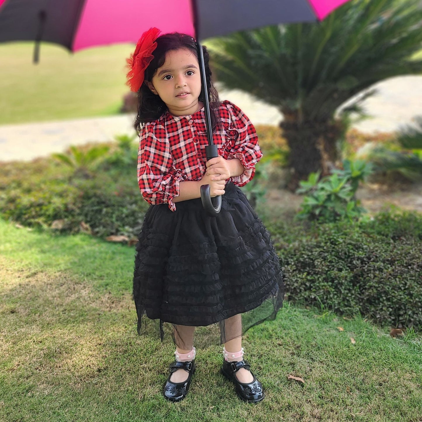 Red Plaid Top & Black Net Skirt – Full Sleeves with Ruffles & Layered Skirt