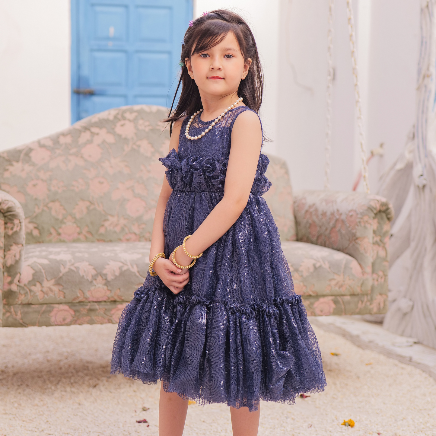 Blueberry Bliss Frock – Sequined Net, Dyed Fabric Inner & Cancan Layers