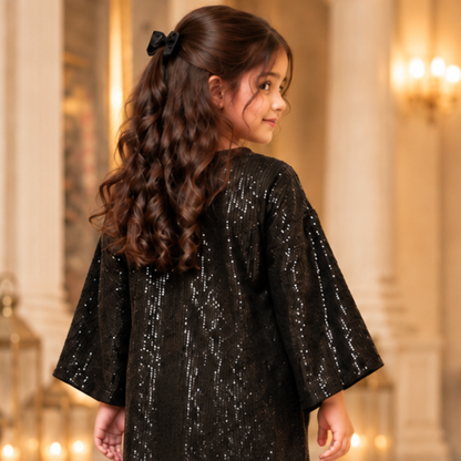 Black Sequin Net Designer Dress For Girls | Luxury Party Wear Co-Ord Set | Kids Couture Collection | FariCouture