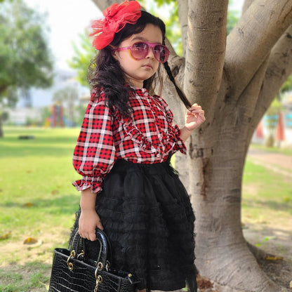 Red Plaid Top & Black Net Skirt – Full Sleeves with Ruffles & Layered Skirt