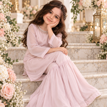 Blush belle |Blush Pink Crinkle Chiffon Gharara Set For Girls | Hand Embellished Luxury Kids Dress | FariCouture