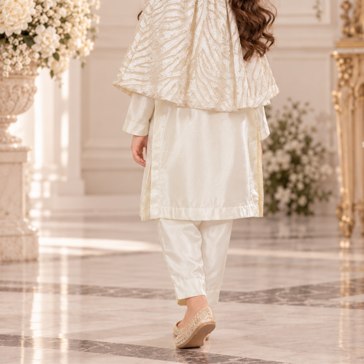 Ivory Off White Designer Dress For Girls | Sequin Net Cape Shirt With Straight Trouser | Luxury Kids Wear | FariCouture