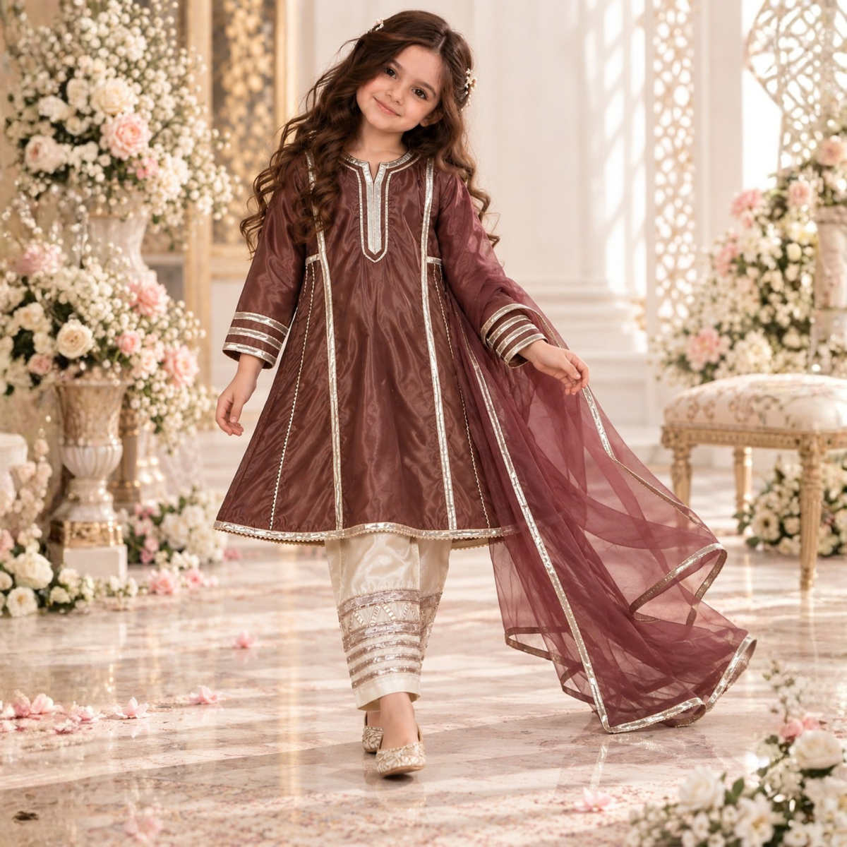 Brown Kathan Silk Kalidar Frock For Girls | Hand Embellished Gotta Patti & Lapa Work | Luxury Kids Wear | FariCouture