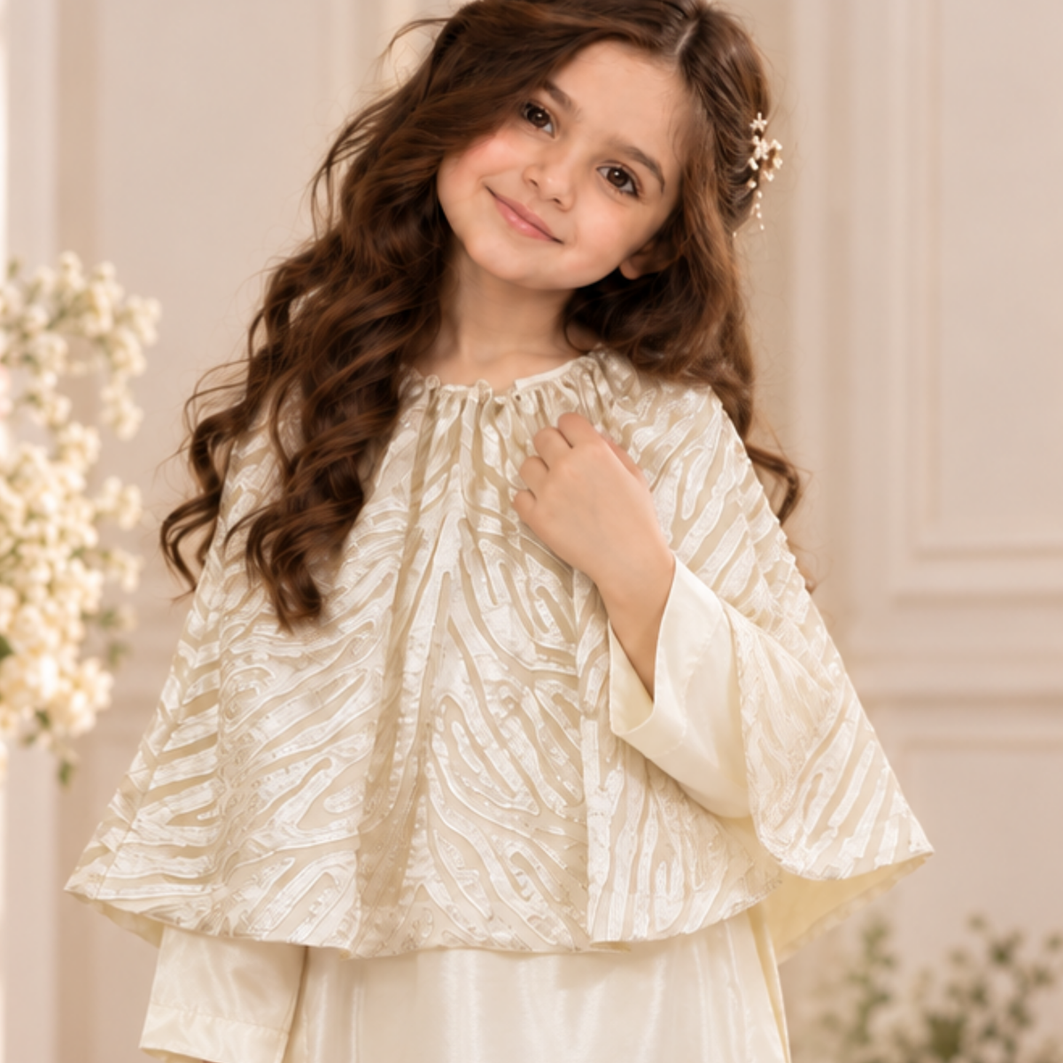 Ivory Off White Designer Dress For Girls | Sequin Net Cape Shirt With Straight Trouser | Luxury Kids Wear | FariCouture