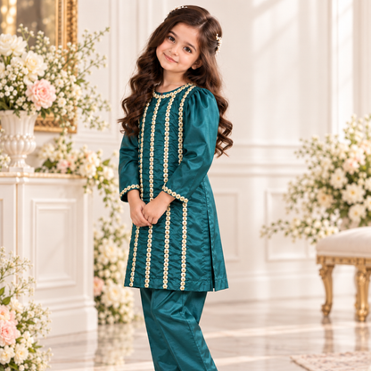 Emerald Green Raw Silk Designer Dress For Girls | Hand Embellished Gota & Crystal Work | Luxury Kids Wear | FariCouture