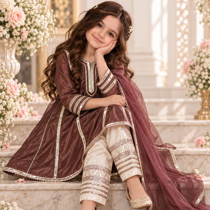 Brown Kathan Silk Kalidar Frock For Girls | Hand Embellished Gotta Patti & Lapa Work | Luxury Kids Wear | FariCouture