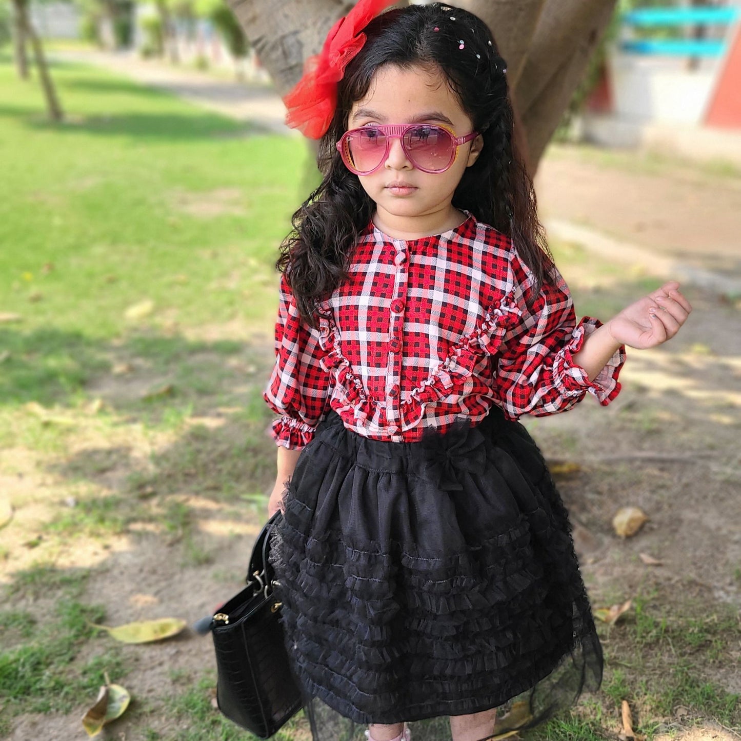 Red Plaid Top & Black Net Skirt – Full Sleeves with Ruffles & Layered Skirt