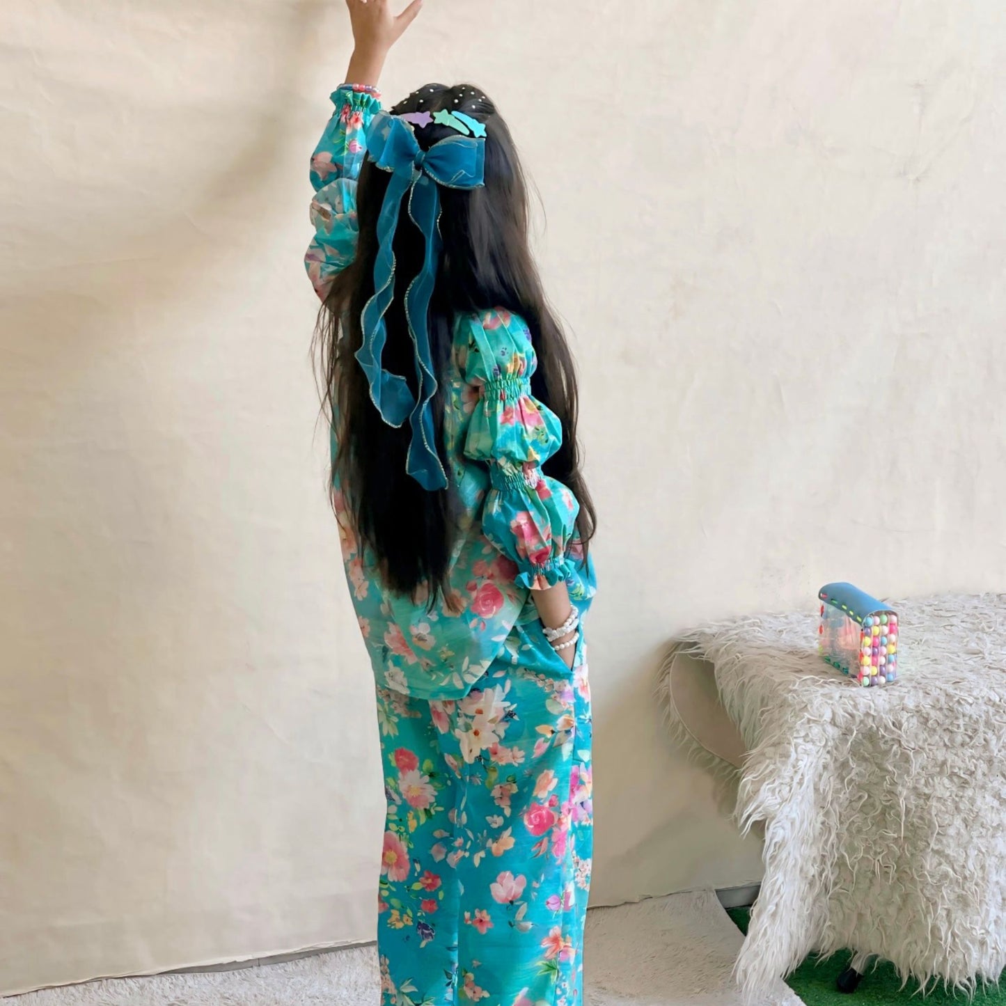 Turquoise Khaddar Co-ord Set – V-Neck Top with Puff Sleeves & Trousers