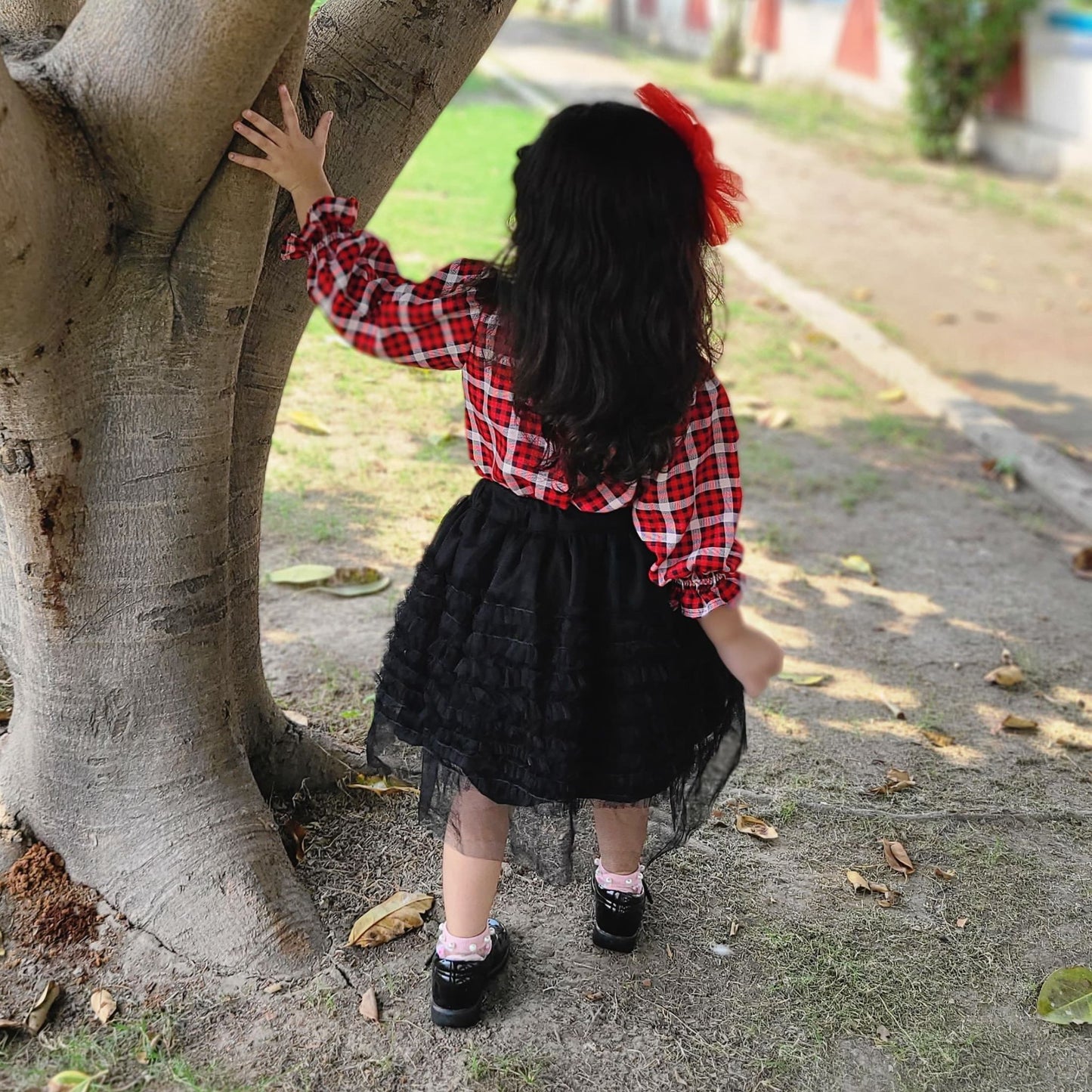 Red Plaid Top & Black Net Skirt – Full Sleeves with Ruffles & Layered Skirt