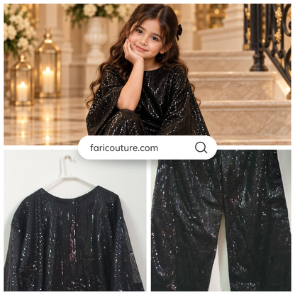 Black Sequin Net Designer Dress For Girls | Luxury Party Wear Co-Ord Set | Kids Couture Collection | FariCouture
