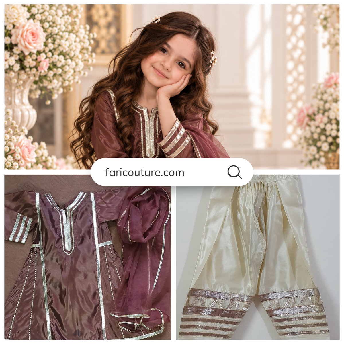 Brown Kathan Silk Kalidar Frock For Girls | Hand Embellished Gotta Patti & Lapa Work | Luxury Kids Wear | FariCouture