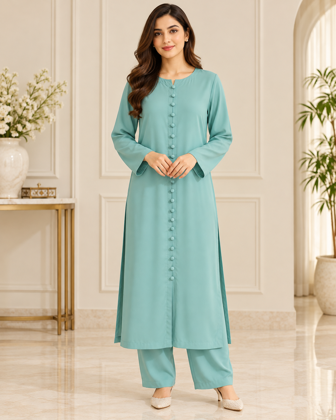 Sage Serenity – Mint Frost Soft Crepe Long Shirt Co-Ord Set