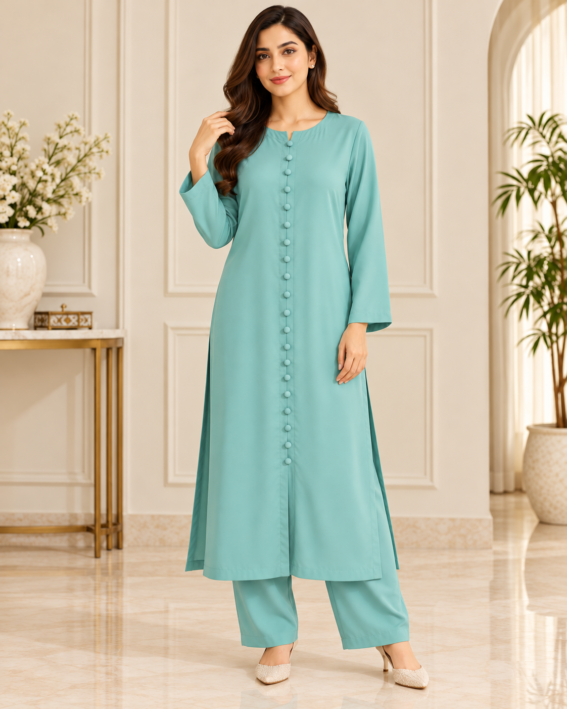 Sage Serenity – Mint Frost Soft Crepe Long Shirt Co-Ord Set